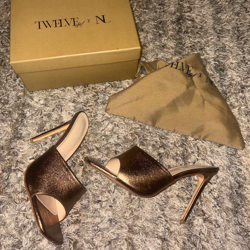 Twelve by N. Metallic Brown Open-Toe High Heel Mule